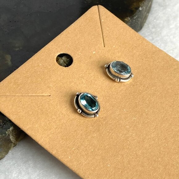 Sterling Silver 925 Dainty Bezel Set Oval Blue Cubic Zirconia CZ Stud Earrings - Picture 7 of 16